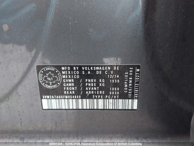 3VW2A7AUXFM054649 Volkswagen Golf