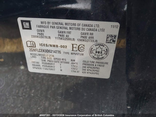 40057251 :رقم المزاد ، 2GNFLCEK9D6214776 vin ، 2013 Chevrolet Equinox Ls مزاد بيع