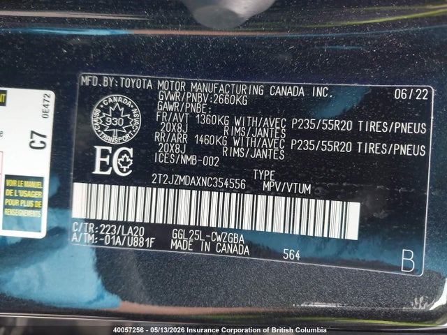 40057256 :رقم المزاد ، 2T2JZMDAXNC354556 vin ، 2022 Lexus Rx 350 مزاد بيع