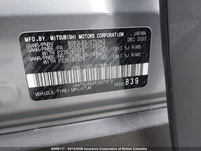 JA4T5UA92PZ607973 Mitsubishi Outlander Phev Le/sel