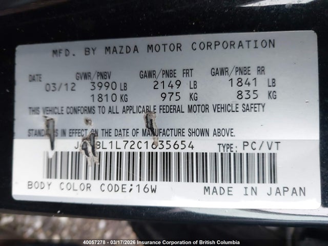 Aukcja sprzedaży 2012 Mazda 3 I, vin: JM1BL1L72C1635654, numer aukcji: 40057278