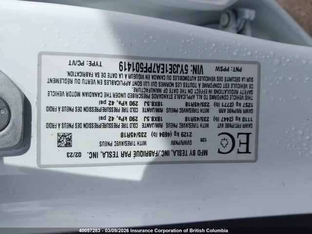 Продажа на аукционе авто 2023 Tesla Model 3, vin: 5YJ3E1EA7PF501419, номер лота: 40057283