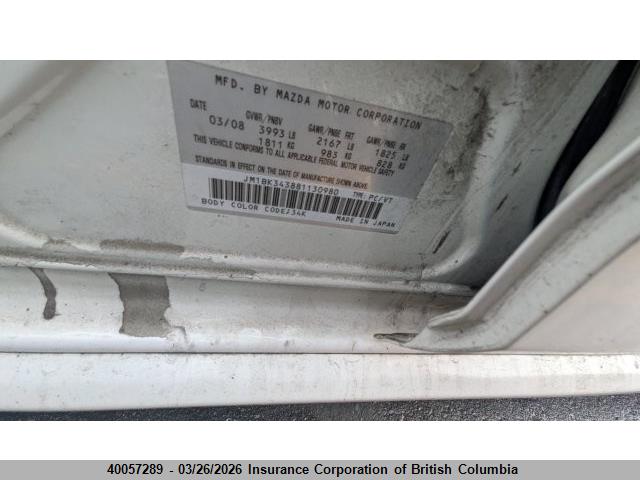 Aukcja sprzedaży 2008 Mazda Mazda3 Gs/gt, vin: JM1BK343881130980, numer aukcji: 40057289