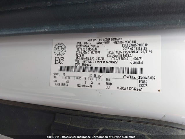 2015 Ford Transit T-250 მანქანა იყიდება აუქციონზე, vin: 1FTNR2YM2FKA70627, აუქციონის ნომერი: 40057311