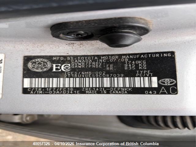 40057326 :رقم المزاد ، 2T1BU40E59C087039 vin ، 2009 Toyota Corolla S/le/xle مزاد بيع