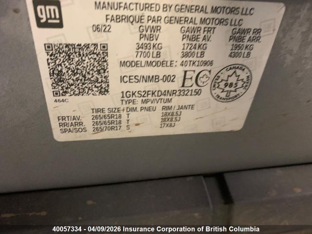1GKS2FKD4NR332150 GMC Yukon