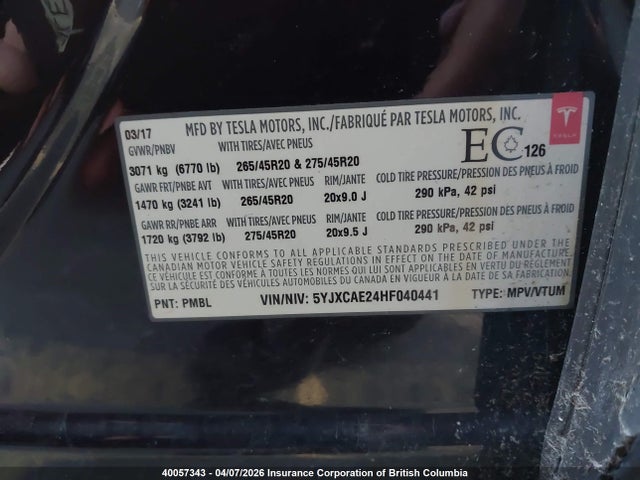 Aukcja sprzedaży 2017 Tesla Model X Awd/standard Range, vin: 5YJXCAE24HF040441, numer aukcji: 40057343