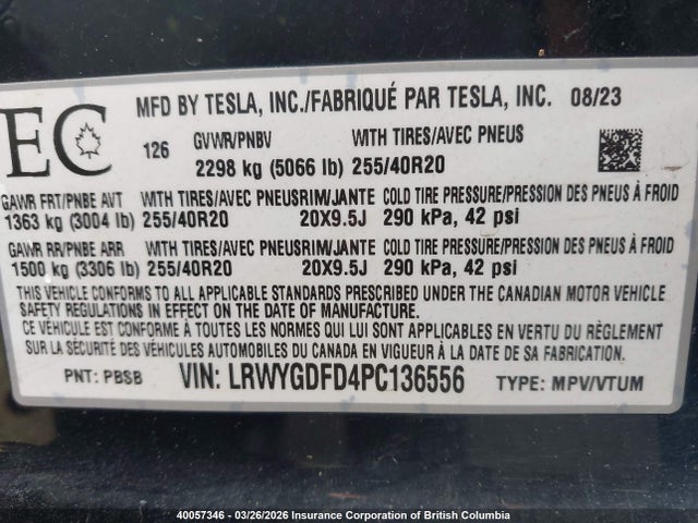 Продажа на аукционе авто 2023 Tesla Model Y, vin: LRWYGDFD4PC136556, номер лота: 40057346