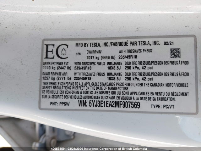 2021 Tesla Model 3 მანქანა იყიდება აუქციონზე, vin: 5YJ3E1EA2MF907569, აუქციონის ნომერი: 40057359