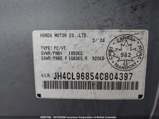 Aukcja sprzedaży 2004 Acura Tsx, vin: JH4CL96854C804397, numer aukcji: 40057364