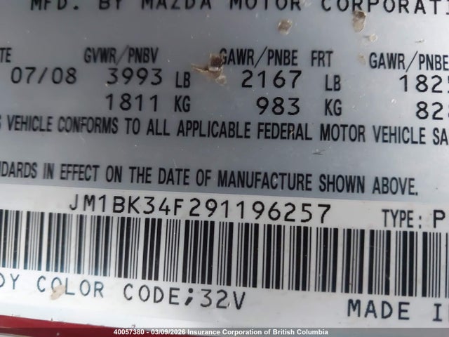 2009 Mazda 3 I მანქანა იყიდება აუქციონზე, vin: JM1BK34F291196257, აუქციონის ნომერი: 40057380