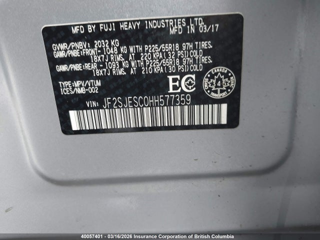 40057401 :رقم المزاد ، JF2SJESC0HH577359 vin ، 2017 Subaru Forester 2.5i Touring مزاد بيع