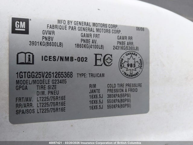 Aukcja sprzedaży 2006 Gmc Savana G2500, vin: 1GTGG25V261265368, numer aukcji: 40057421