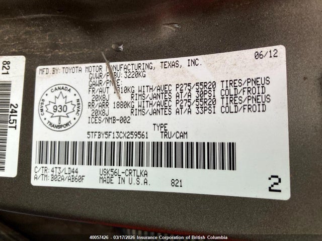 40057426 :رقم المزاد ، 5TFBY5F13CX259561 vin ، 2012 Toyota Tundra Double Cab Limited مزاد بيع
