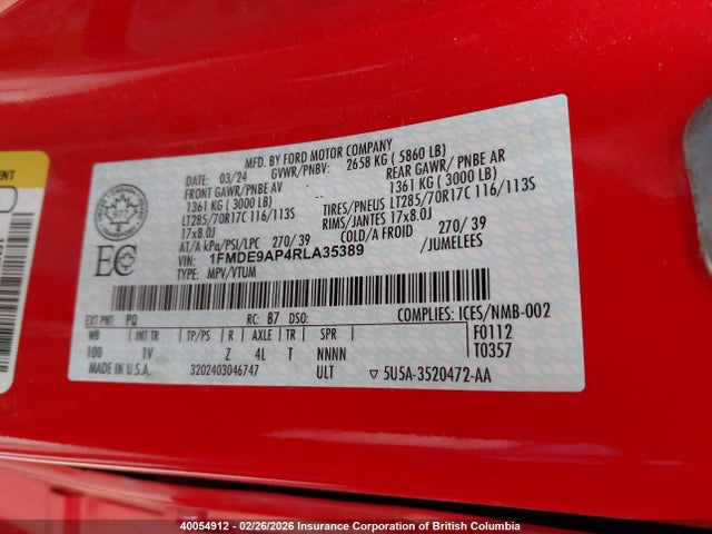 40054912 :رقم المزاد ، 1FMDE9AP4RLA35389 vin ، 2024 Ford Bronco Badlands مزاد بيع