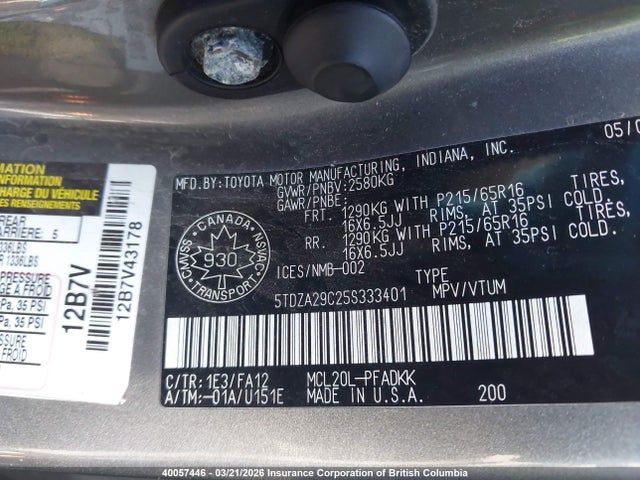 Aukcja sprzedaży 2005 Toyota Sienna Ce 7 Passenger/ce 8 Passenger, vin: 5TDZA29C25S333401, numer aukcji: 40057446