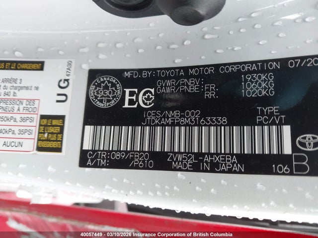 JTDKAMFP8M3163338 Toyota Prius