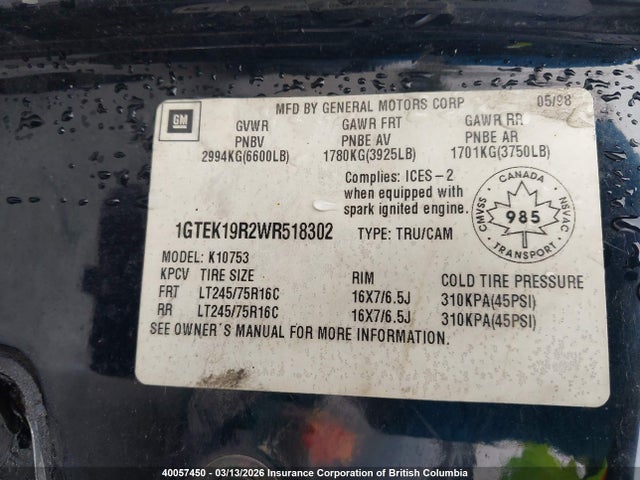 Aukcja sprzedaży 1998 Gmc Sierra K1500, vin: 1GTEK19R2WR518302, numer aukcji: 40057450