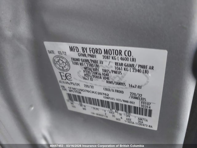 40057453 :رقم المزاد ، 1FMCU9D76CKC20762 vin ، 2012 Ford Escape Xlt مزاد بيع