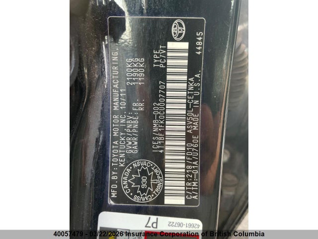2012 Toyota Camry მანქანა იყიდება აუქციონზე, vin: 4T1BF1FK0CU007707, აუქციონის ნომერი: 40057479