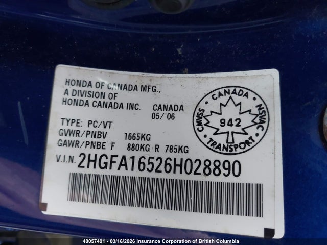 Продажа на аукционе авто 2006 Honda Civic, vin: 2HGFA16526H028890, номер лота: 40057491