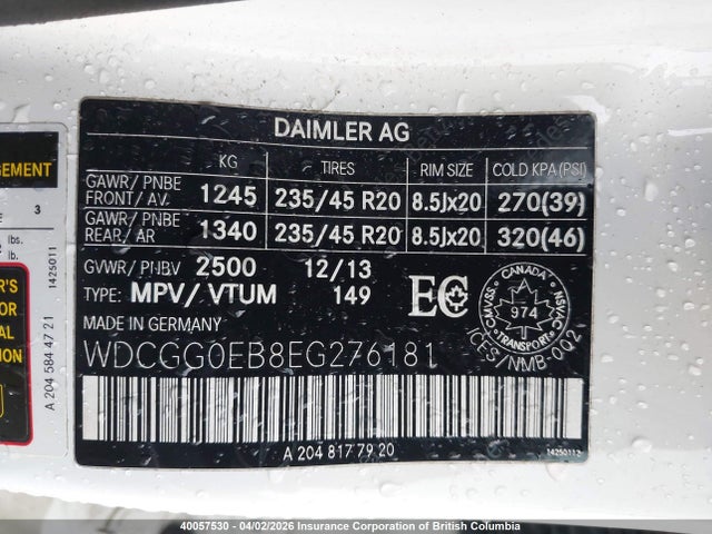 WDCGG0EB8EG276181 Mercedes-Benz Glk 250 Bluetec
