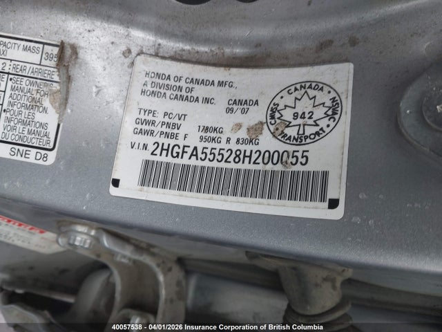 2008 Honda Civic მანქანა იყიდება აუქციონზე, vin: 2HGFA55528H200055, აუქციონის ნომერი: 40057538