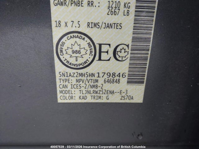 5N1AZ2MH5HN179846 Nissan Murano Platinum/sl/sv