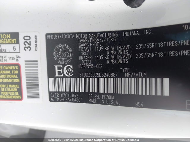 40057546 :رقم المزاد ، 5TDDZ3DC9LS240887 vin ، 2020 Toyota Sienna Xle/xle Premium/limited/limited Premium مزاد بيع