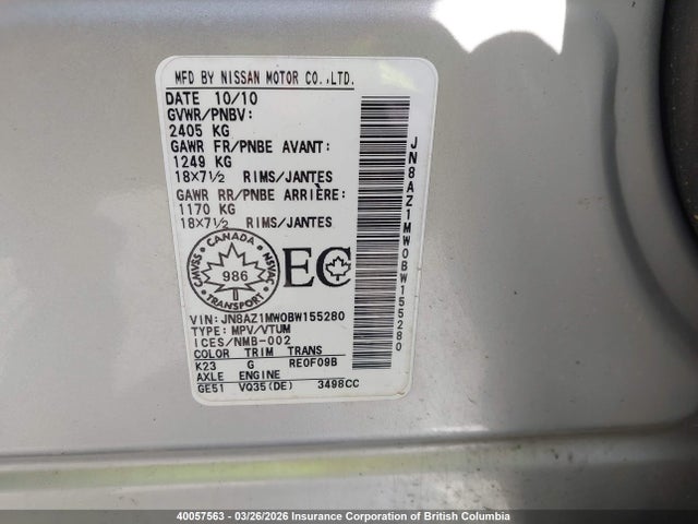 Aukcja sprzedaży 2011 Nissan Murano S/sl/le, vin: JN8AZ1MW0BW155280, numer aukcji: 40057563