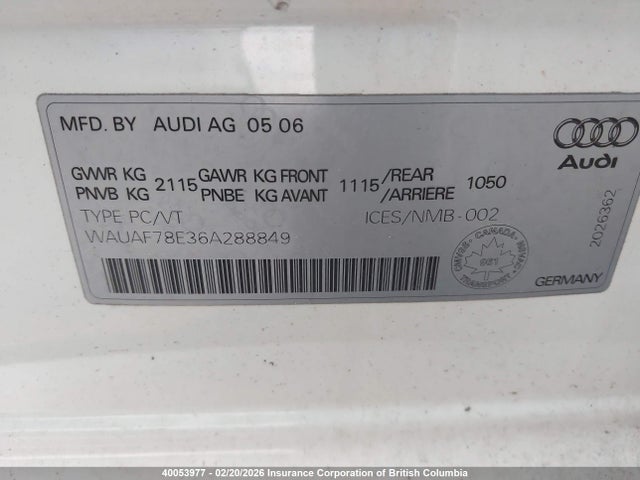 2006 Audi A4 2 Turbo მანქანა იყიდება აუქციონზე, vin: WAUAF78E36A288849, აუქციონის ნომერი: 40053977