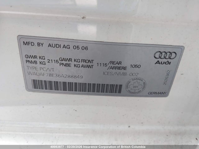 2006 Audi A4 2 Turbo მანქანა იყიდება აუქციონზე, vin: WAUAF78E36A288849, აუქციონის ნომერი: 40053977