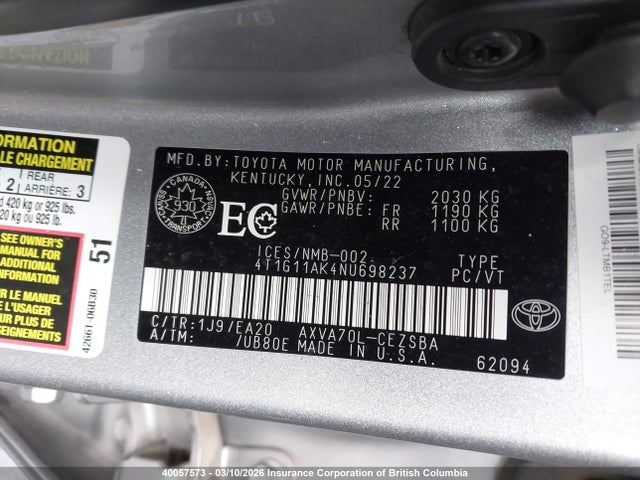 Toyota Camry 2022 4T1G11AK4NU698237 Image 18