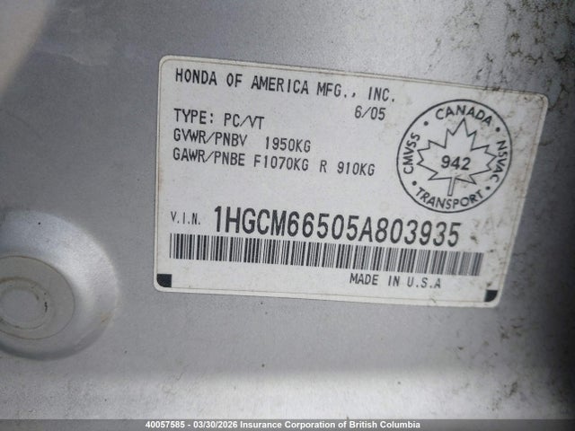 Aukcja sprzedaży 2005 Honda Accord Ex, vin: 1HGCM66505A803935, numer aukcji: 40057585