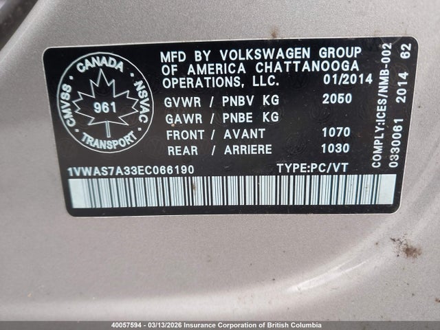 40057594 :رقم المزاد ، 1VWAS7A33EC066190 vin ، 2014 Volkswagen Passat S مزاد بيع