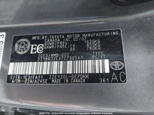 Aukcja sprzedaży 2007 Toyota Corolla Ce/le/s, vin: 2T1BR32EX7C796541, numer aukcji: 40051175