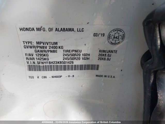 Продаж на аукціоні авто 2019 Honda Passport Sport, vin: 5FNYF8H23KB501426, номер лоту: 40056065