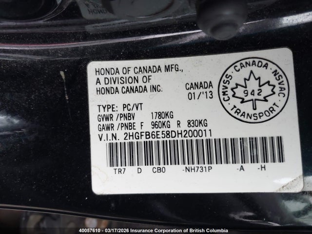 Продажа на аукционе авто 2013 Honda Civic, vin: 2HGFB6E58DH200011, номер лота: 40057610