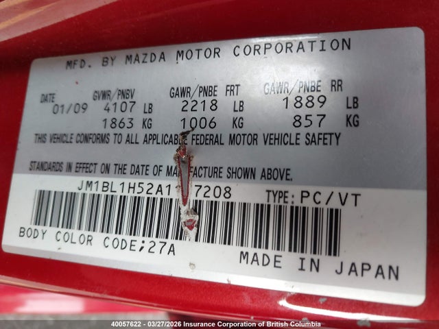 Aukcja sprzedaży 2010 Mazda Mazda3 Gs/gt, vin: JM1BL1H52A1117208, numer aukcji: 40057622