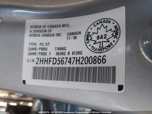 Продажа на аукционе авто 2007 Acura Csx Premium Navigation, vin: 2HHFD56747H200866, номер лота: 40052474
