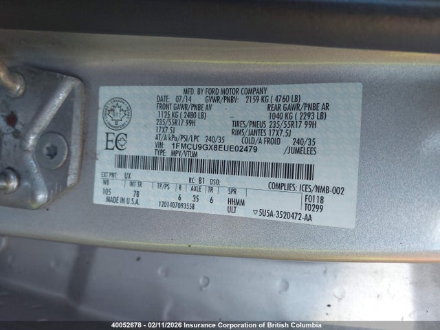 40052678 :رقم المزاد ، 1FMCU9GX8EUE02479 vin ، 2014 Ford Escape Se مزاد بيع