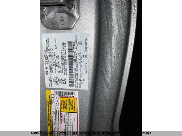 40057649 :رقم المزاد ، 1FA6P8TH6K5162863 vin ، 2019 Ford Mustang مزاد بيع