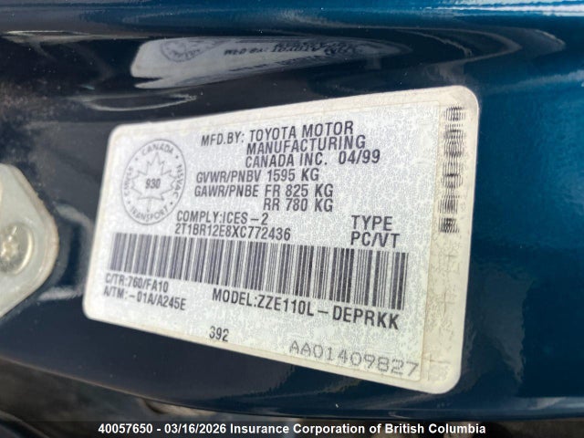 40057650 :رقم المزاد ، 2T1BR12E8XC772436 vin ، 1999 Toyota Corolla Ve/ce/le مزاد بيع