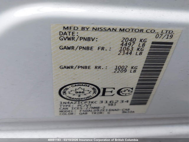 1N4AZ1CP3KC316234 Nissan Leaf S/sl/sv