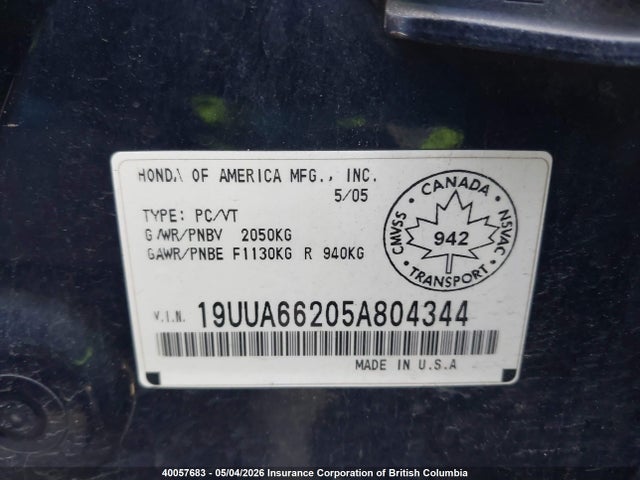 Продажа на аукционе авто 2005 Acura Tl, vin: 19UUA66205A804344, номер лота: 40057683