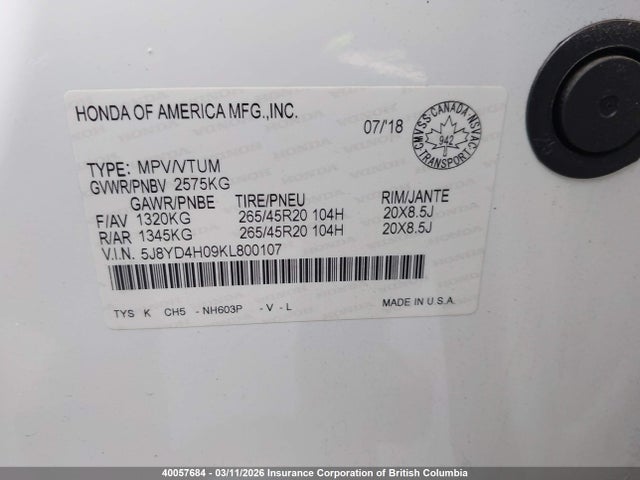 Acura MDX 2019 5J8YD4H09KL800107 Image 9