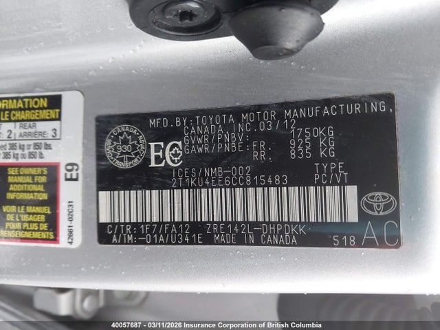 40057687 :رقم المزاد ، 2T1KU4EE6CC815483 vin ، 2012 Toyota Matrix مزاد بيع