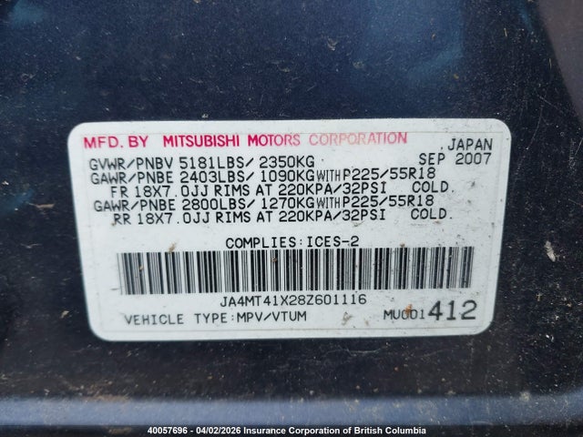 Aukcja sprzedaży 2008 Mitsubishi Outlander Xls, vin: JA4MT41X28Z601116, numer aukcji: 40057696