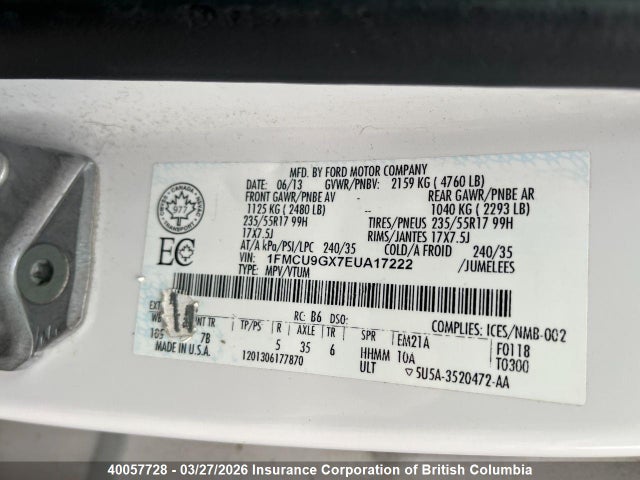 2014 Ford Escape Se მანქანა იყიდება აუქციონზე, vin: 1FMCU9GX7EUA17222, აუქციონის ნომერი: 40057728