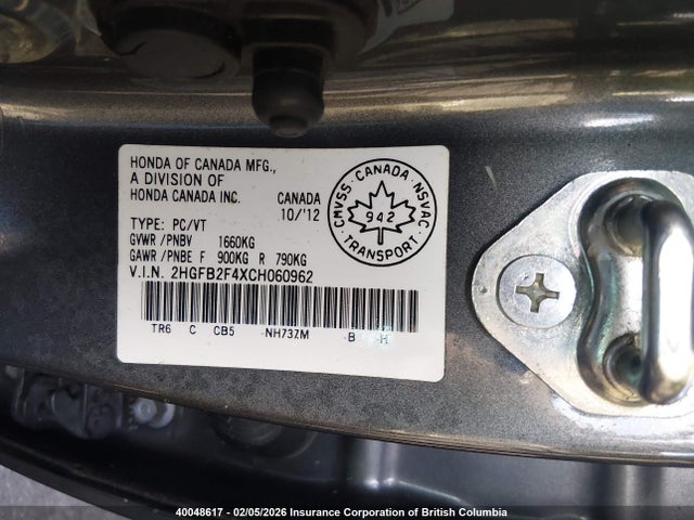 Продажа на аукционе авто 2012 Honda Civic Lx, vin: 2HGFB2F4XCH060962, номер лота: 40048617